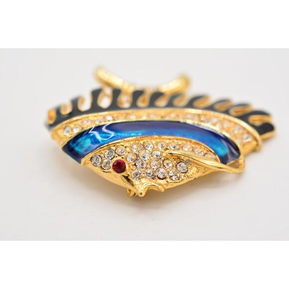 Vintage Fish Pin Brooch Blue Black Enamel Gold Rhinestone Crystal Chunky Bin5A - Picture 10 of 12